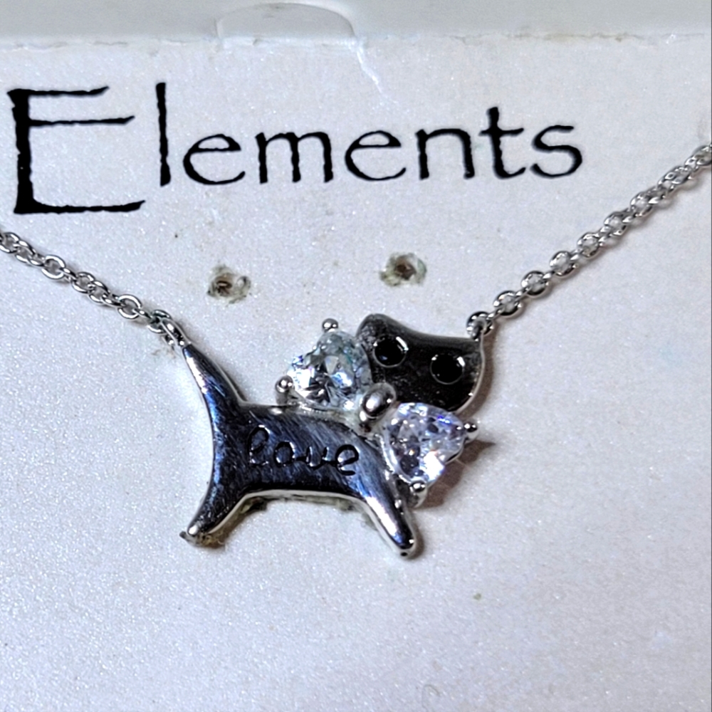 Elements Cat Charm Necklace Fine Silver Plated with Rhinestone Bow